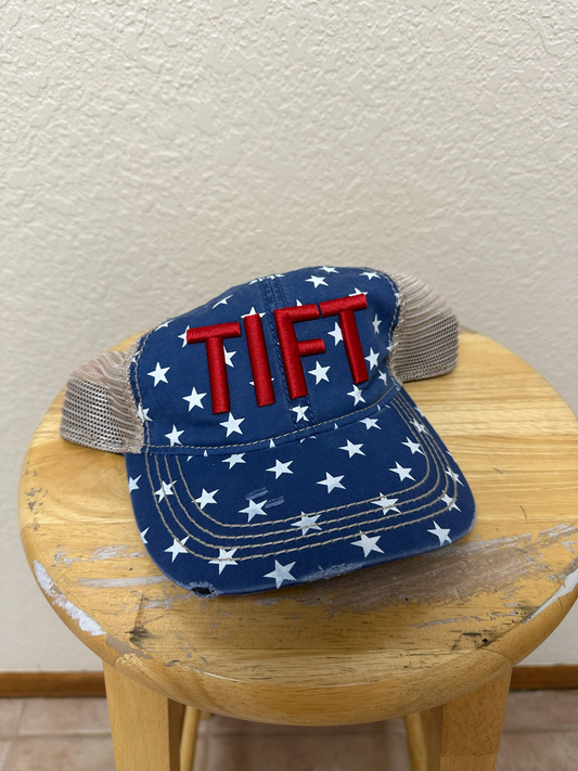 Blue Stars / Tea Stain Mesh - TIFT Puff Embroidery
