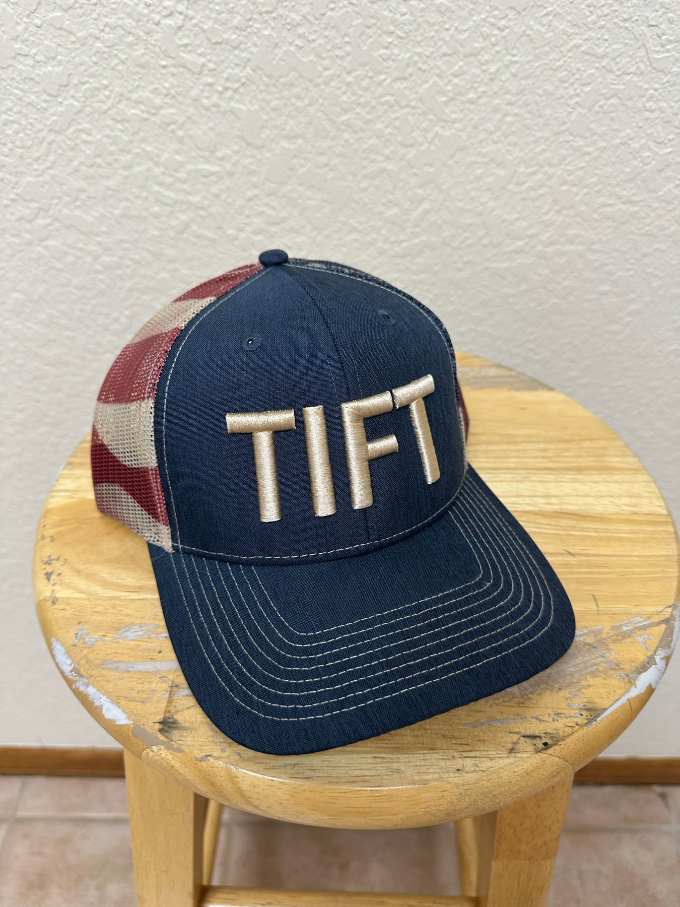 Heathered Navy/Tan US STRIPES - TIFT Puff Embroidery