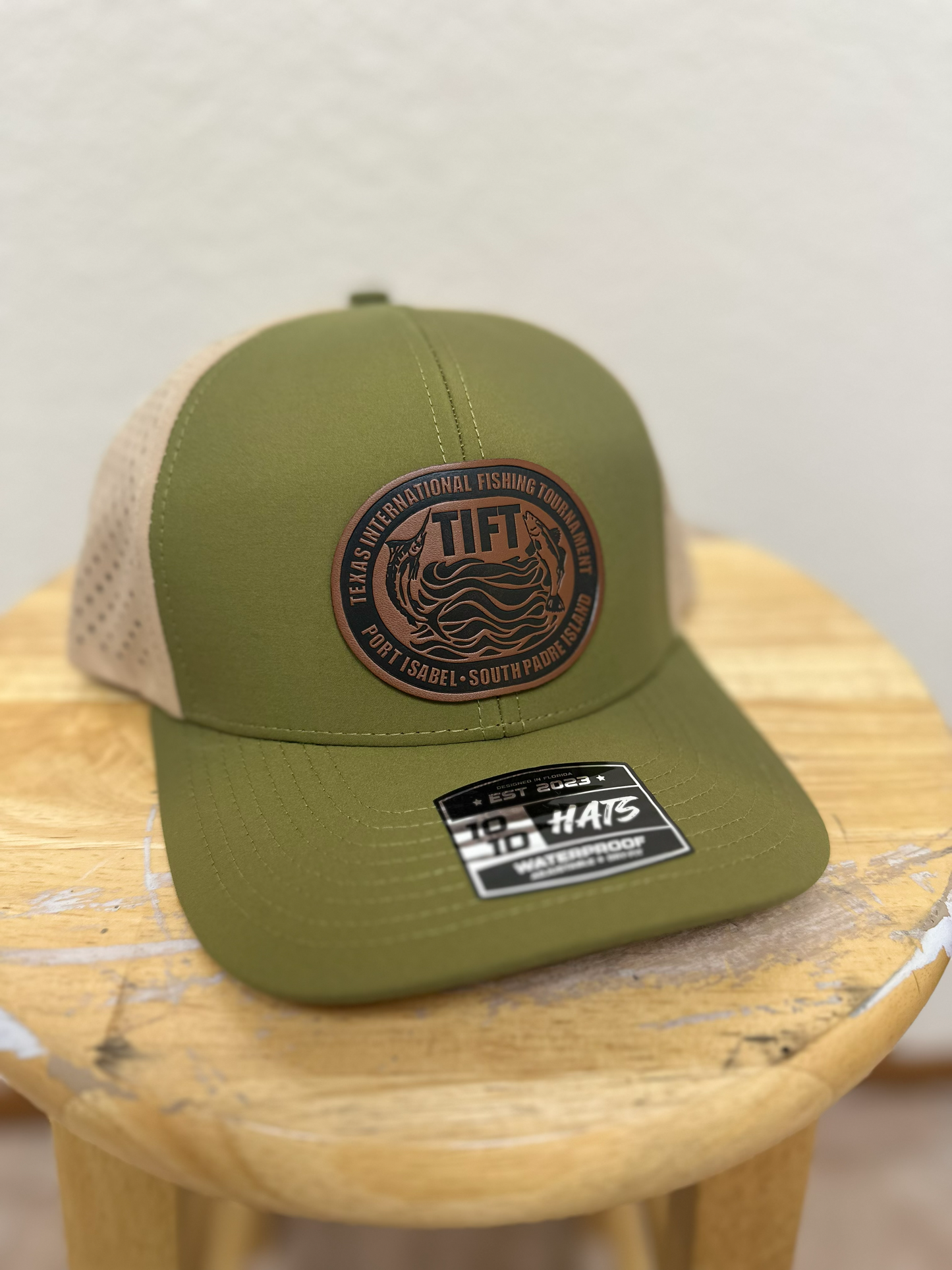 Green/Tan 6 Panel Dry-fit Hat- Leather Patch