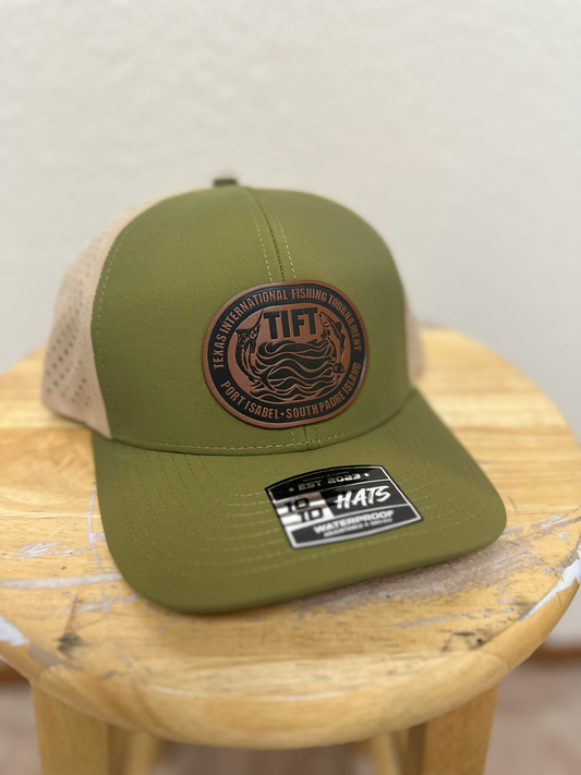 Green/Tan 6 Panel Dry-fit Hat- Leather Patch