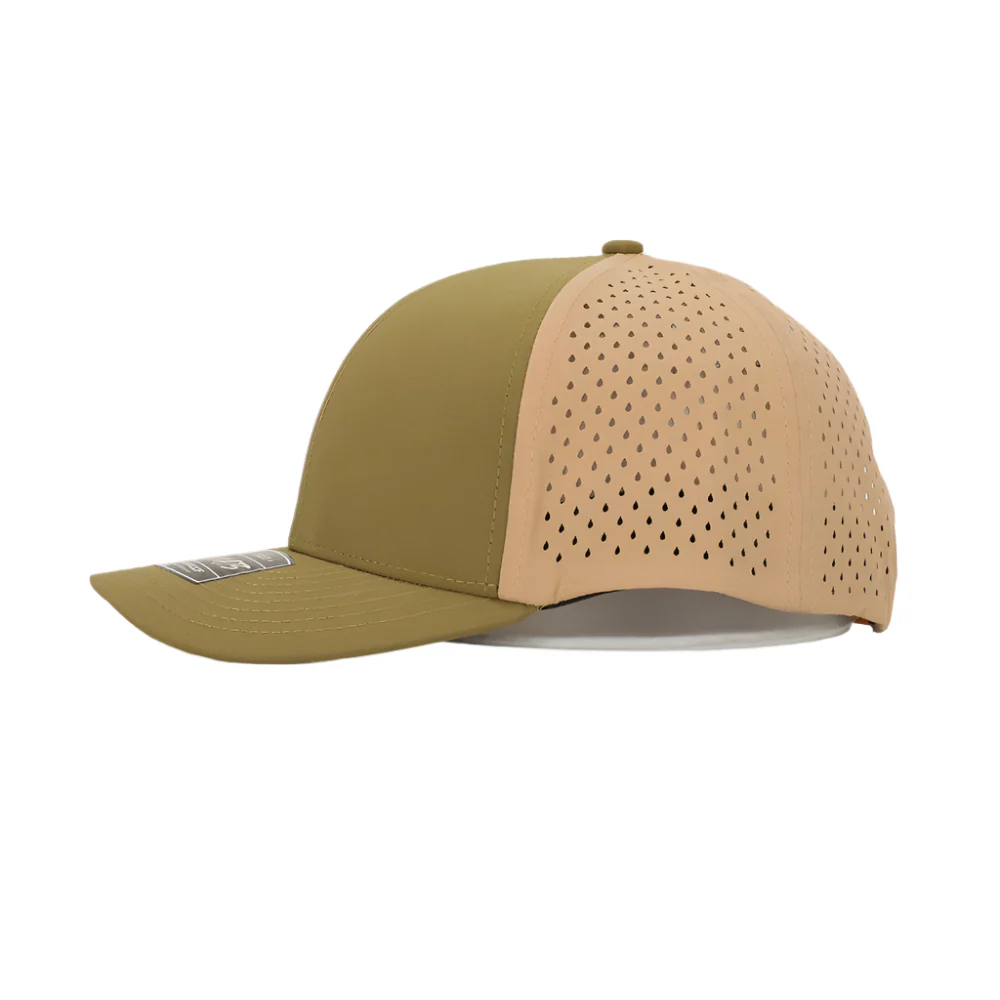 Green/Tan 6 Panel Dry-fit Hat- Leather Patch